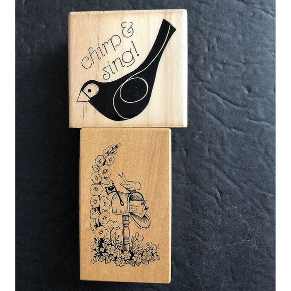PSX Rubber Stamp Mailbox Bird Snail Mail Hollyhocks Flowers Chirp Sing Saying - Picture 1 of 6